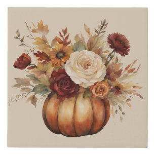 Watercolor Pumpkin and Flowers- Faux Canvas Print