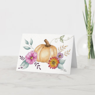 Watercolor pumpkin and flowers for Fall Card