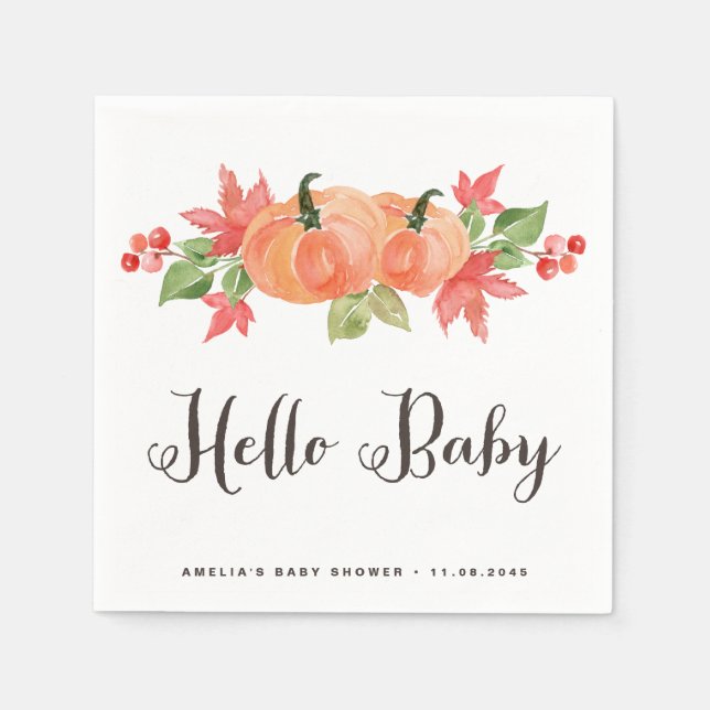 Watercolor Pumpkin and Maple Leaves Baby Shower Napkins (Front)