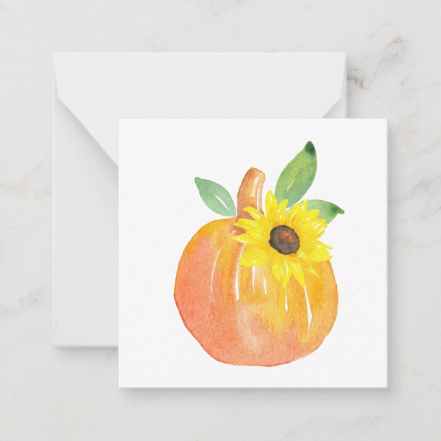 Watercolor Pumpkin and Sunflower Note Card (Front)
