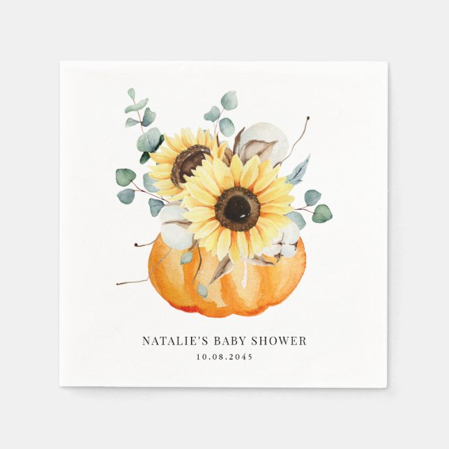 Watercolor Pumpkin and Sunflowers Fall Baby Shower Napkins (Front)