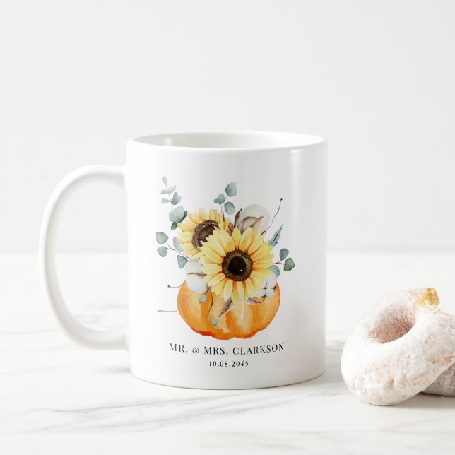 Watercolor Pumpkin and Sunflowers Fall Wedding Coffee Mug (With Donut)