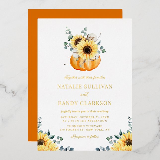 Watercolor Pumpkin and Sunflowers Fall Wedding Foil Invitation (Front/Back)
