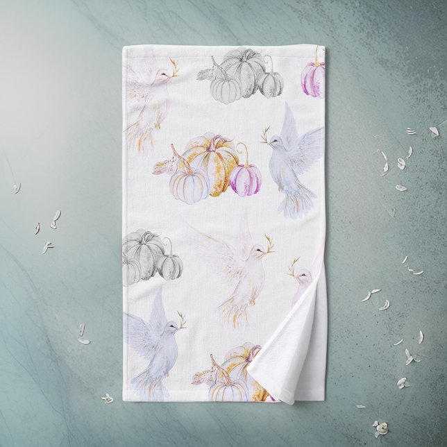Watercolor Pumpkin and White Dove Thanksgiving Hand Towel (Creator Uploaded)