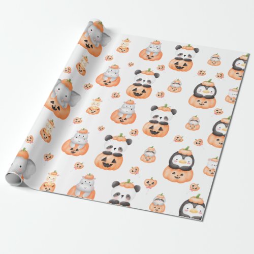 Watercolor Pumpkin Animals  Candy Halloween Kids  Wrapping Paper