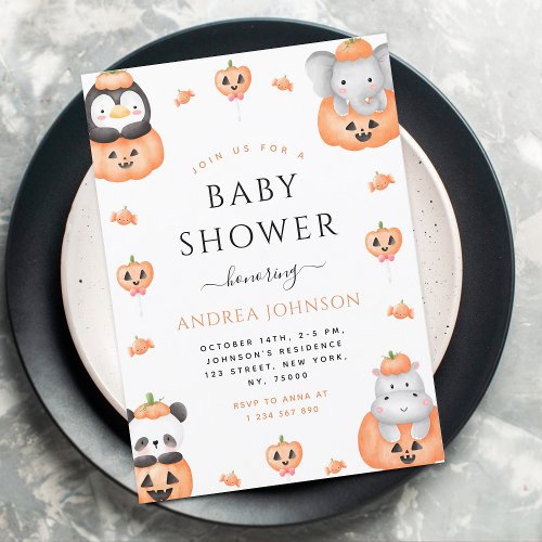 Watercolor Pumpkin Animals Halloween Baby Shower Invitation