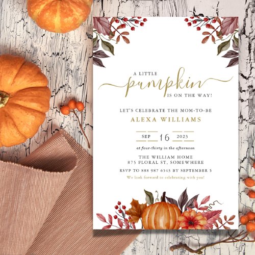 watercolor pumpkin autumn fall leafs baby shower invitation