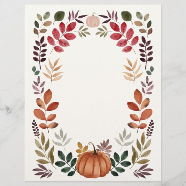 Watercolor Pumpkin & Autumn Leaves   Letterhead (Front)