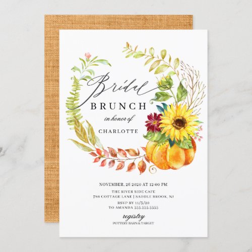 Watercolor Pumpkin Autumn Wreath Bridal Brunch Invitation