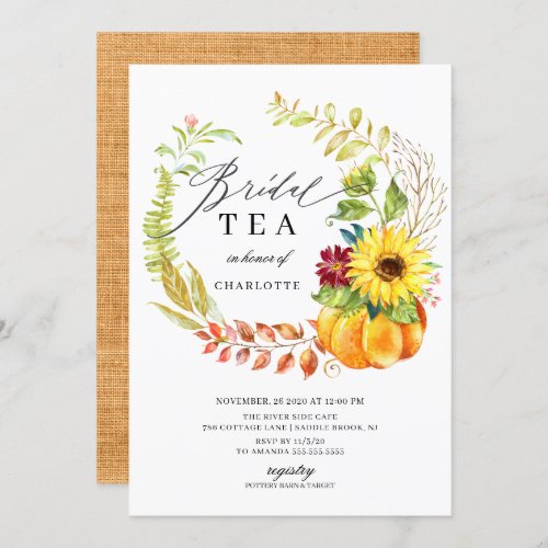 Watercolor Pumpkin Autumn Wreath Bridal Shower Tea Invitation
