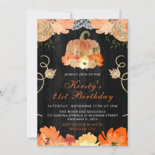 Watercolor Pumpkin Autumnal Flowers Birthday Party Invitation