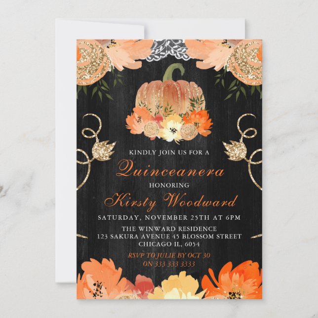Watercolor Pumpkin Autumnal Flowers Quinceanera Invitation (Front)