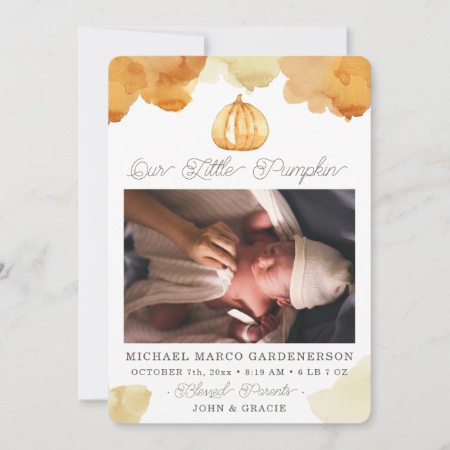 Watercolor Pumpkin Baby  Announcement (Front)
