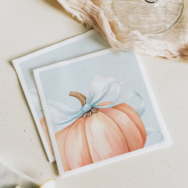 Watercolor Pumpkin Blue Bow Baby Shower Napkins (Creator Uploaded)