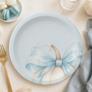 Watercolor Pumpkin Blue Bow Fall Baby Boy Shower Paper Plates
