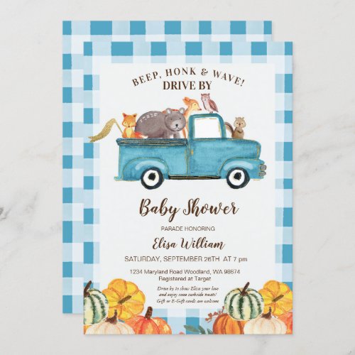 Watercolor Pumpkin Blue Truck Drive By Baby Shower Invitation