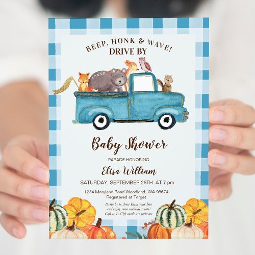 Watercolor Pumpkin Blue Truck Drive By Baby Shower Invitation