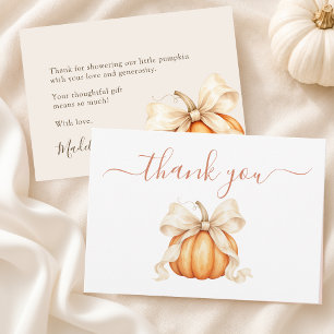 Watercolor Pumpkin Bow Neutral Fall Baby Shower Thank You Card