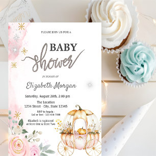 Watercolor Pumpkin Carriage Polka Dots Baby Shower Invitation