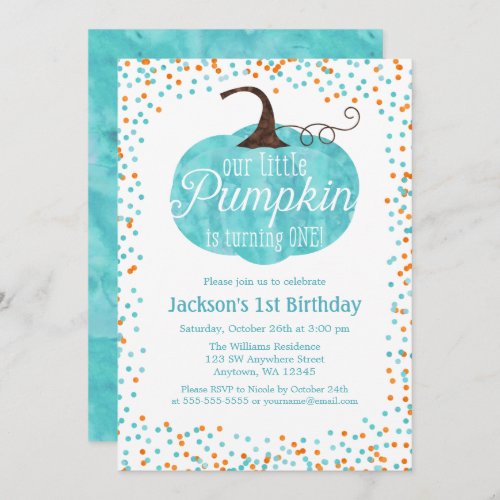 Watercolor Pumpkin Confetti Boy First Birthday Invitation