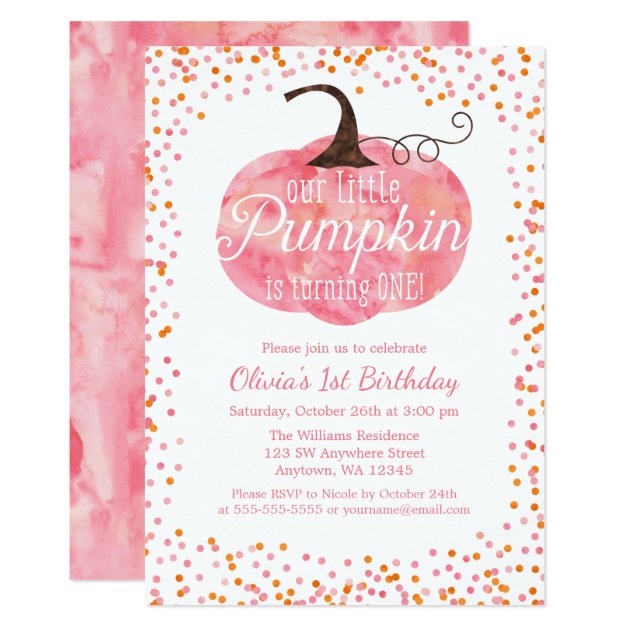 Watercolor Pumpkin Confetti Girl First Birthday Invitation