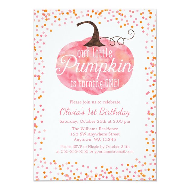 Watercolor Pumpkin Confetti Girl First Birthday Invitation