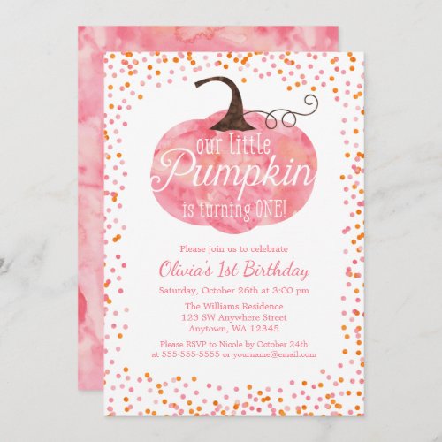 Watercolor Pumpkin Confetti Girl First Birthday Invitation