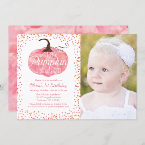 Watercolor Pumpkin Confetti Girl First Birthday Invitation