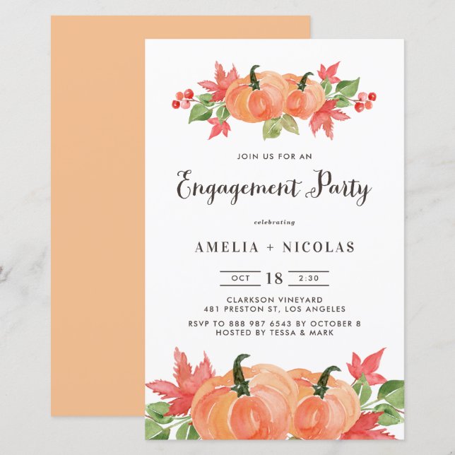 Watercolor Pumpkin Engagement Party Invitatation (Front/Back)