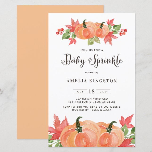 Watercolor Pumpkin Fall Baby Sprinkle Invitatation (Front/Back)