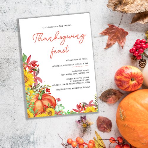 Watercolor Pumpkin Fall Floral Thanksgiving Invitation