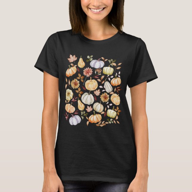 Watercolor Pumpkin Fall Leaves T-Shirt (Front)