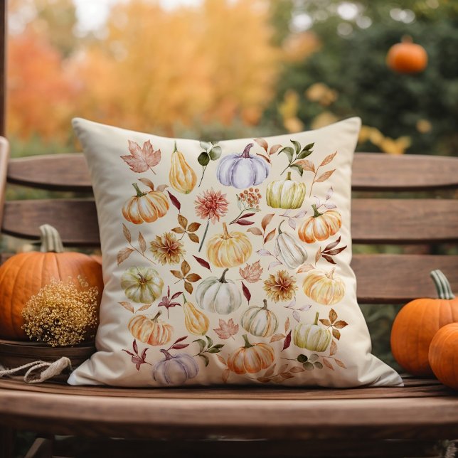 Watercolor Pumpkin Fall Leaves Throw Pillow (Creator Uploaded)
