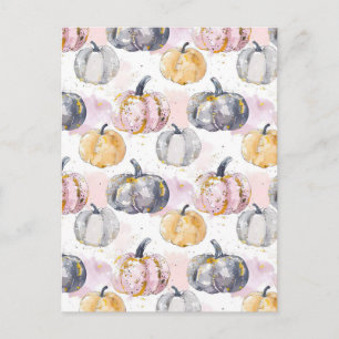 watercolor pumpkin fall pattern postcard