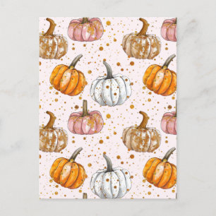 watercolor pumpkin fall pattern postcard