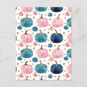 watercolor pumpkin fall pattern postcard