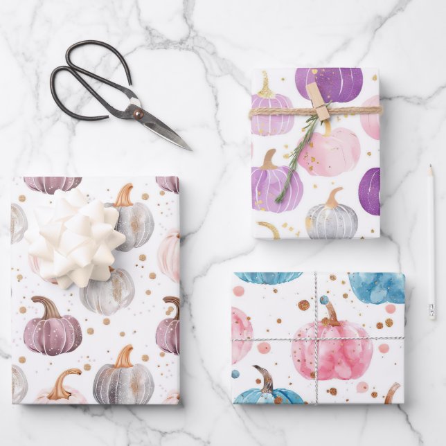 Watercolor Pumpkin Fall Pattern Wrapping Paper Sheets (Front)