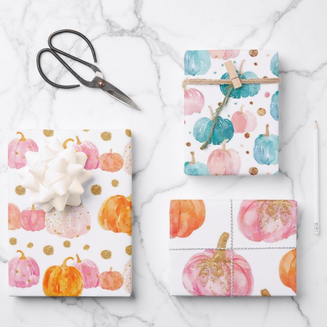 Watercolor Pumpkin Fall Pattern Wrapping Paper Sheets (Front)