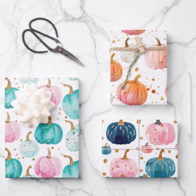 Watercolor Pumpkin Fall Pattern Wrapping Paper Sheets (Front)