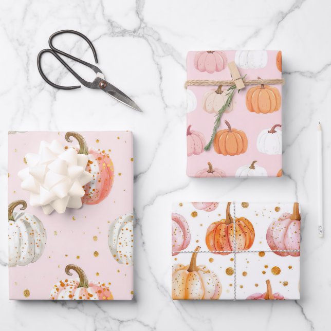 Watercolor Pumpkin Fall Pattern Wrapping Paper Sheets (Front)