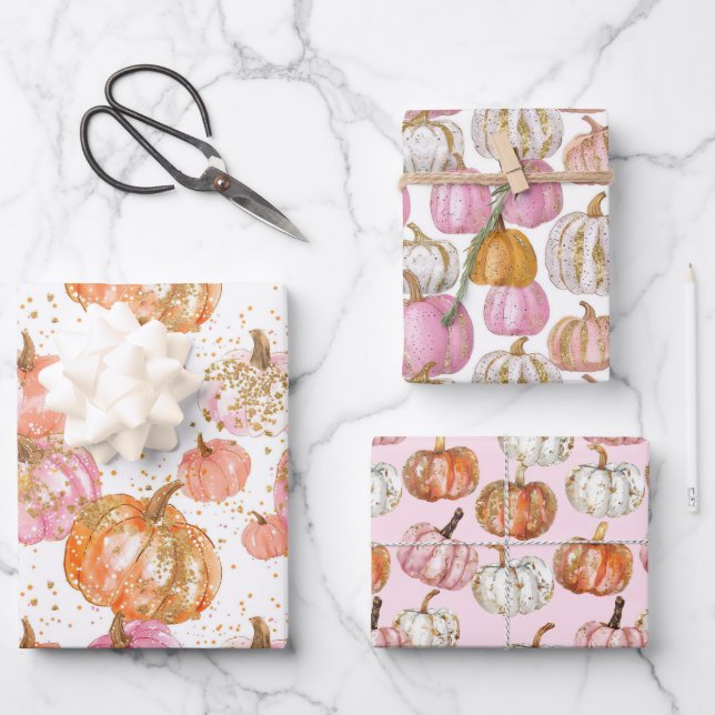 Watercolor Pumpkin Fall Pattern Wrapping Paper Sheets (Front)