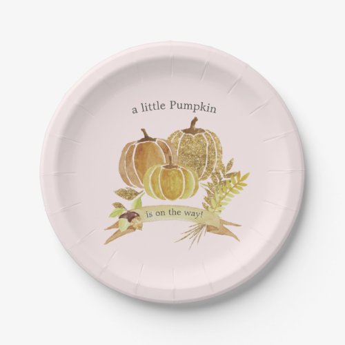 Watercolor Pumpkin Fall Pink Baby Shower Paper Plates