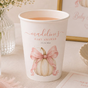 Watercolor Pumpkin Fall Pink Bow Baby Girl Shower Paper Cups