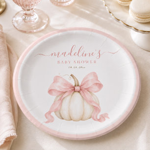 Watercolor Pumpkin Fall Pink Bow Baby Girl Shower Paper Plates