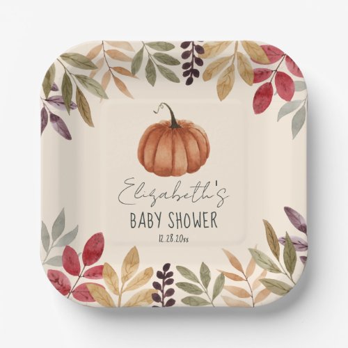 Watercolor Pumpkin Fall Themed Baby Shower   Paper Plates