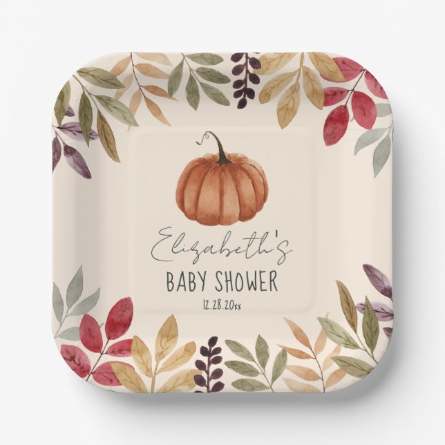 Watercolor Pumpkin Fall Themed Baby Shower   Paper Plates (Front)