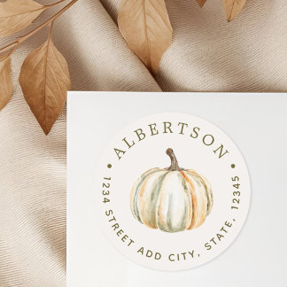 Watercolor Pumpkin Family Name Return Address Classic Round Sticker