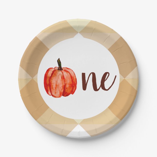 Watercolor Pumpkin First Birthday Autumn Fall Girl Paper Plates (Front)