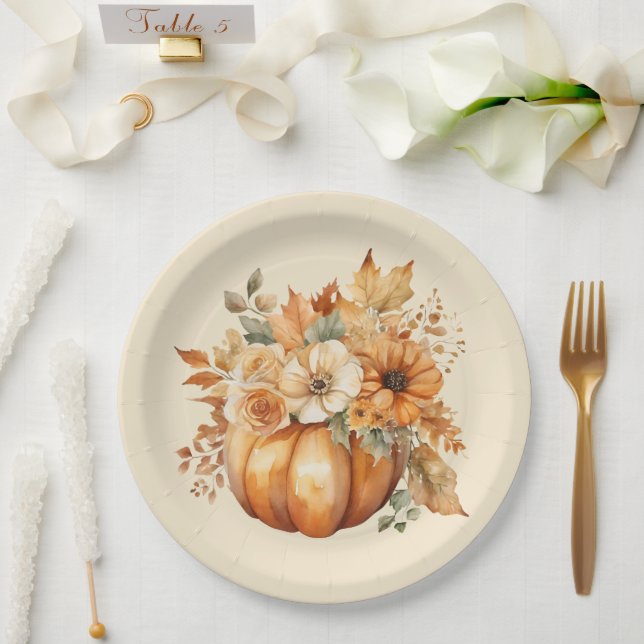 Watercolor Pumpkin Floral Design- Paper Plates (Wedding)