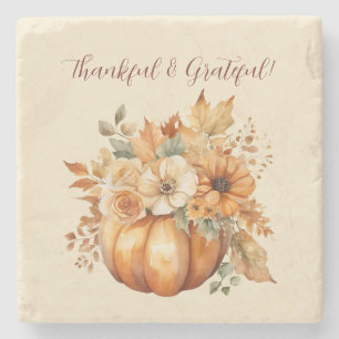 Watercolor Pumpkin Floral Design- Stone Coaster
